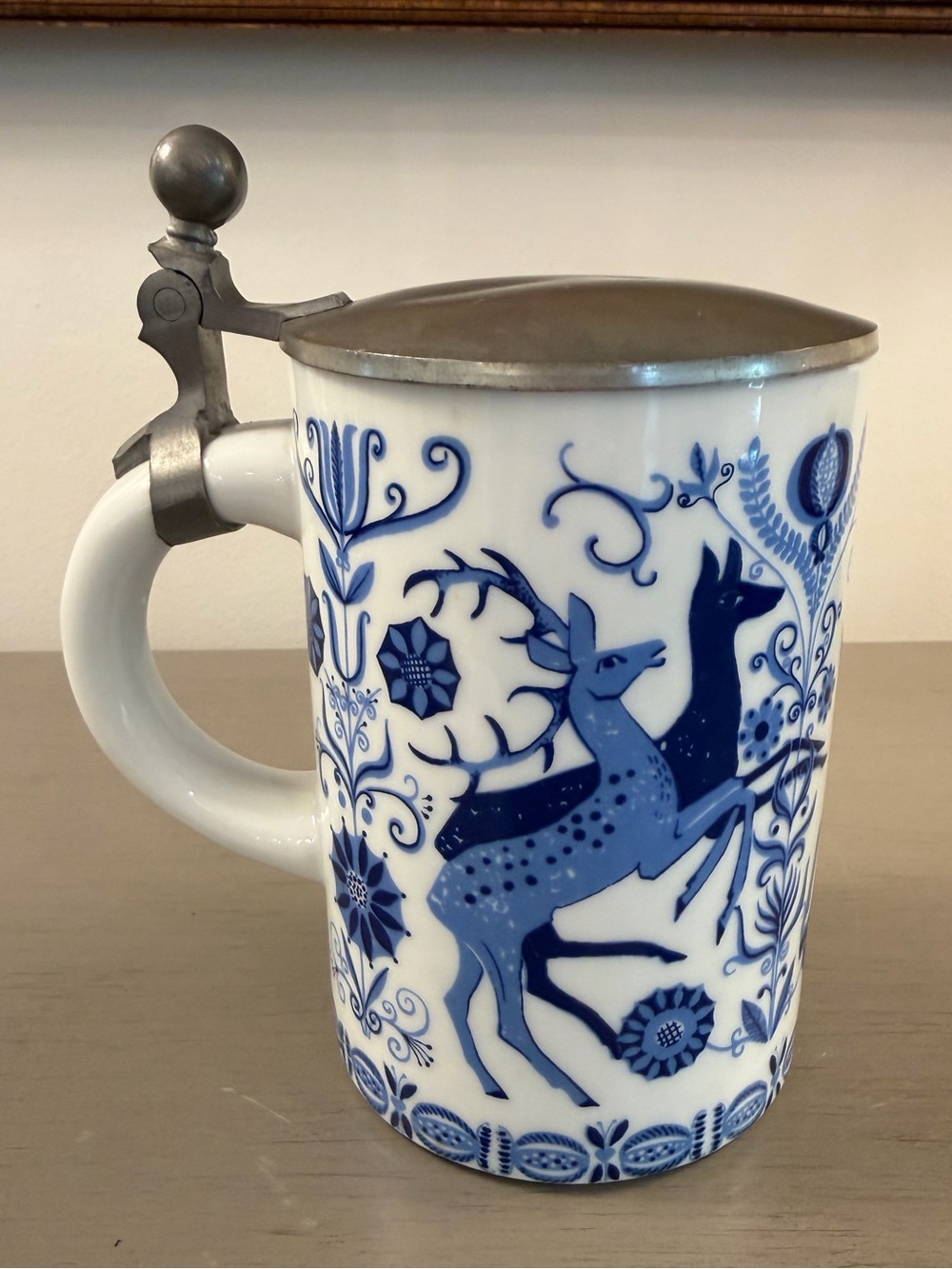 Kurt Hammer Vintage Porcelain German Beer Stein Tankard with Hinged Metal Lid